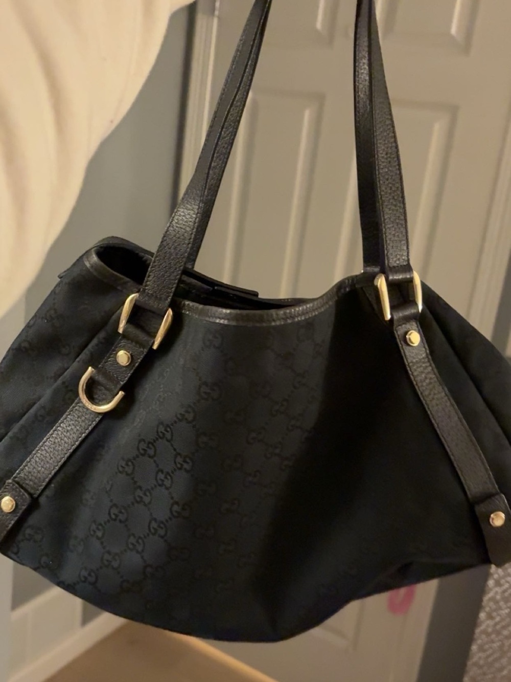 Gucci Black Monogram Shoulder Bag with Gold-Tone Hardware